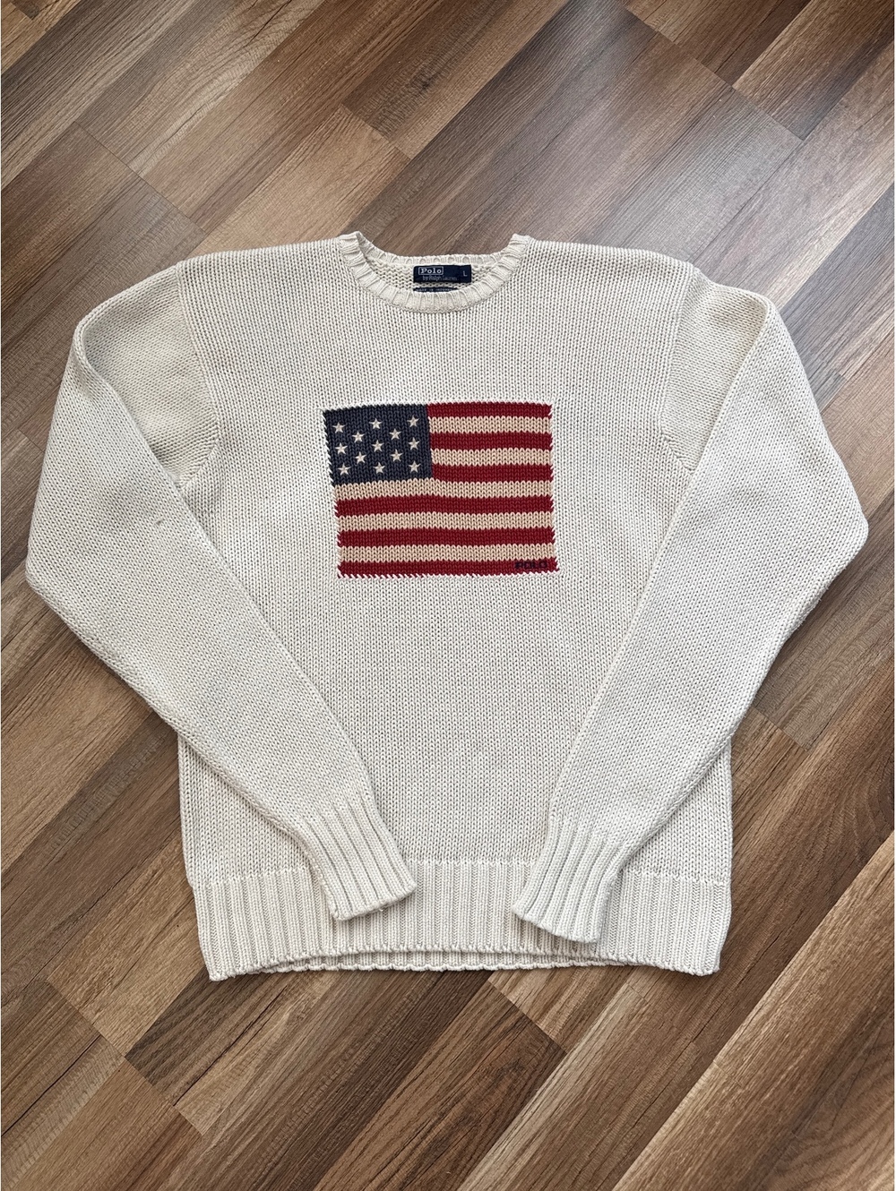 Polo Ralph Lauren American Flag Knit Sweater Men's Large 100% Cotton Cream USA